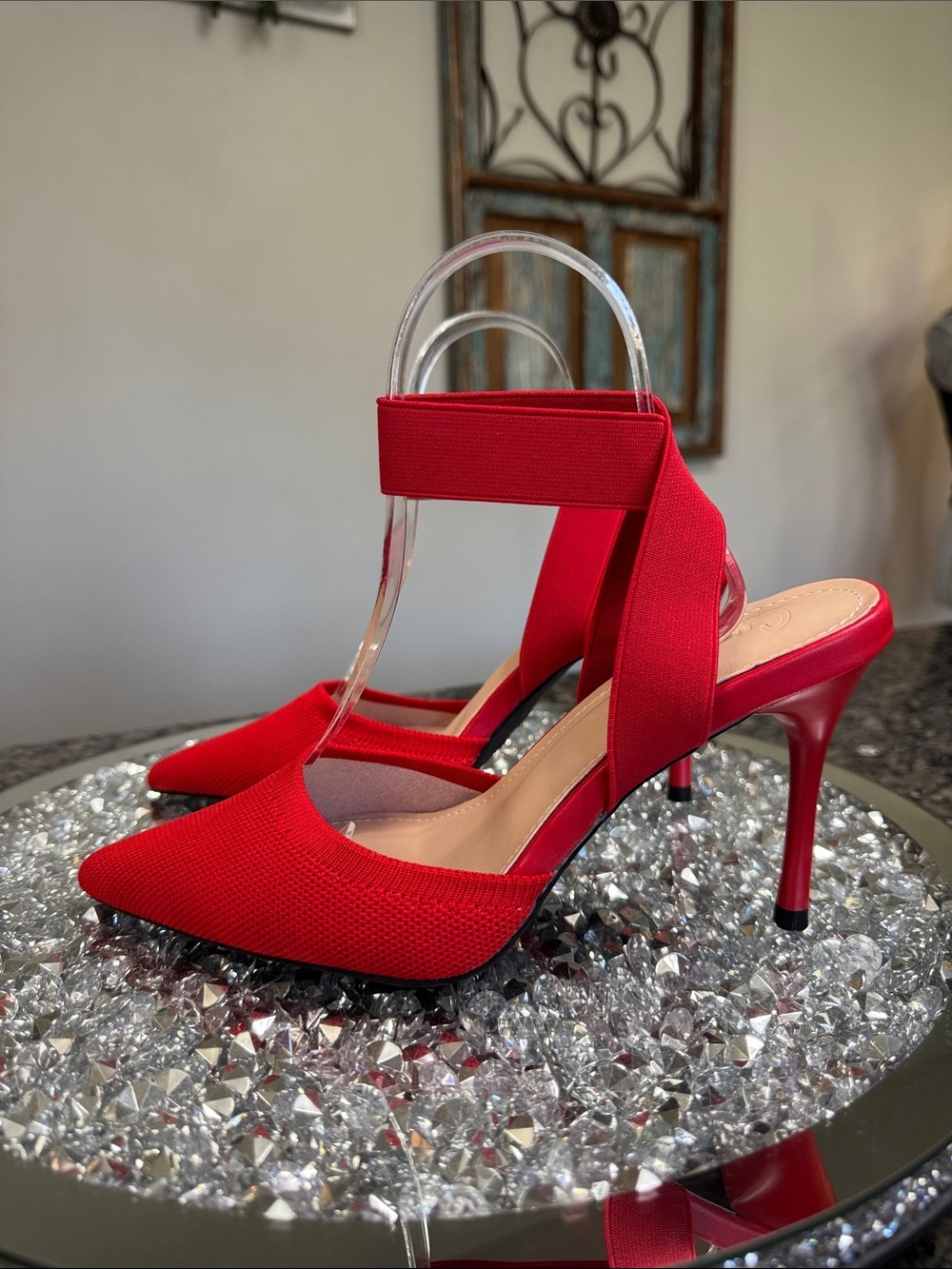 Red Pointed Slingback Heels with Elastic Ankle Strap NWOT 7(38)